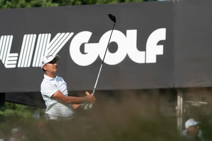 Sep 4, 2022; Boston, Massachusetts, USA; Sadom Kaewkanjana tees off on the 16th during the final round of the LIV Golf tournament at The International. Mandatory Credit: Richard Cashin-USA TODAY Sports