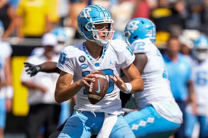 Sep 3, 2022; Boone, North Carolina, USA; North Carolina Tar Heels quarterback Drake Maye (10) during the second half against the Appalachian State Mountaineers at Kidd Brewer Stadium. Mandatory Credit: Jim Dedmon-USA TODAY Sports