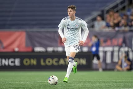 Aug 31, 2022; Foxborough, Massachusetts, USA; Chicago Fire FC midfielder Brian Gutierrez (40) possesses the ball during the first half against the New England Revolution at Gillette Stadium. Mandatory Credit: Paul Rutherford-USA TODAY Sports