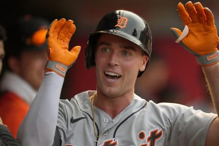 Sep 7, 2022; Anaheim, California, USA; Detroit Tigers left fielder Kerry Carpenter (48) celebrates after hitting a solo home run in the ninth inning against the Los Angeles Angels at Angel Stadium. Mandatory Credit: Kirby Lee-USA TODAY Sports