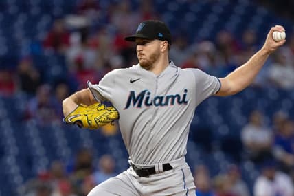 Sep 7, 2022; Philadelphia, Pennsylvania, USA; Miami Marlins starting pitcher Trevor Rogers (28) throws a pitch during the second inning against the Philadelphia Phillies at Citizens Bank Park. Mandatory Credit: Bill Streicher-USA TODAY Sports