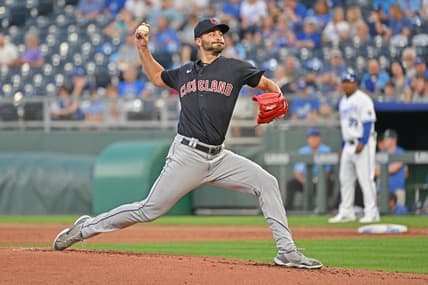 Sep 7, 2022; Kansas City, Missouri, USA; Cleveland Guardians starting pitcher Cody Morris (36) delivers a pitch during the first inning against the Kansas City Royals at Kauffman Stadium. Mandatory Credit: Peter Aiken-USA TODAY Sports