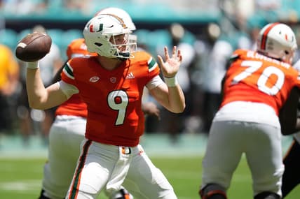 Sep 10, 2022; Miami Gardens, Florida, USA; Miami Hurricanes quarterback Tyler Van Dyke (9) attempts a pass against the Southern Miss Golden Eagles during the first half at Hard Rock Stadium. Mandatory Credit: Jasen Vinlove-USA TODAY Sports