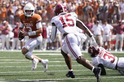 Sep 10, 2022; Austin, Texas, USA; Texas Longhorns quarterback Quinn Ewers (3) looks to pass before getting hit by Alabama Crimson Tide linebacker Dallas Turner (15) during the first half at at Darrell K Royal-Texas Memorial Stadium. Mandatory Credit: Scott Wachter-USA TODAY Sports
