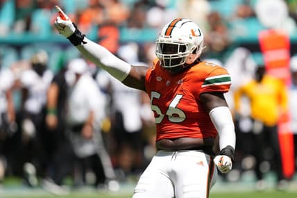 Sep 10, 2022; Miami Gardens, Florida, USA; Miami Hurricanes defensive lineman Leonard Taylor (56) celebrates after sacking Southern Miss Golden Eagles quarterback Zach Wilcke (not pictured) during the second half at Hard Rock Stadium. Mandatory Credit: Jasen Vinlove-USA TODAY Sports