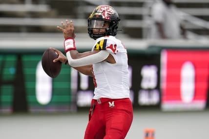 Sep 10, 2022; Charlotte, North Carolina, USA;  Maryland Terrapins quarterback Taulia Tagovailoa (3) makes a throw during pregame activity against the Charlotte 49ers  at Jerry Richardson Stadium. Mandatory Credit: Jim Dedmon-USA TODAY Sports