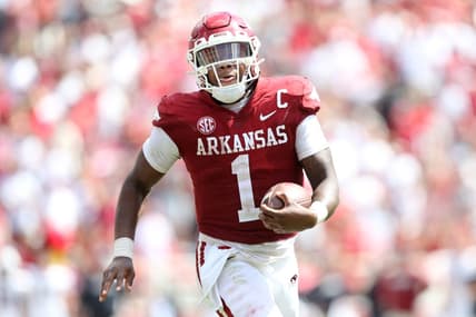 Sep 10, 2022; Fayetteville, Arkansas, USA; Arkansas Razorbacks quarterback KJ Jefferson (1) rushes in the fourth quarter against the South Carolina Gamecocks at Donald W. Reynolds Razorback Stadium. Arkansas won 44-30. Mandatory Credit: Nelson Chenault-USA TODAY Sports