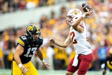 Iowa defensive end Joe Evans (13) pressures Iowa State quarterback Hunter Dekkers (12) during a NCAA football game, Saturday, Sept. 10, 2022, at Kinnick Stadium in Iowa City, Iowa.

220910 Isu Iowa Fb 052 Jpg