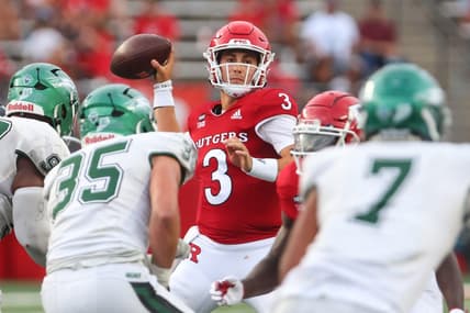 Sep 10, 2022; Piscataway, New Jersey, USA; Rutgers Scarlet Knights quarterback Evan Simon (3) throws a pass against the Wagner Seahawks during the second half at SHI Stadium. Mandatory Credit: Ed Mulholland-USA TODAY Sports