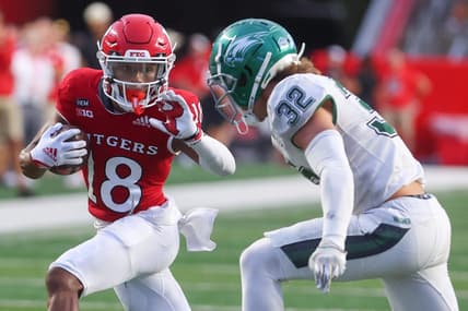 Sep 10, 2022; Piscataway, New Jersey, USA; Rutgers Scarlet Knights wide receiver Rashad Rochelle (18) runs with the ball against the Wagner Seahawks during the second half at SHI Stadium. Mandatory Credit: Ed Mulholland-USA TODAY Sports