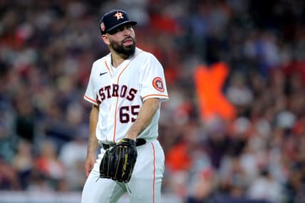Sep 10, 2022; Houston, Texas, USA; Houston Astros starting pitcher Jose Urquidy (65) walks to the dugout after retiring the side against the Los Angeles Angels during the third inning at Minute Maid Park. Mandatory Credit: Erik Williams-USA TODAY Sports