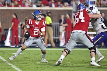 Sep 10, 2022; Oxford, Mississippi, USA;Ole Miss Rebels quarterback Jaxson Dart (2) drops back to pass against the Central Arkansas Bears during the second quarter at Vaught-Hemingway Stadium. Mandatory Credit: Matt Bush-USA TODAY Sports