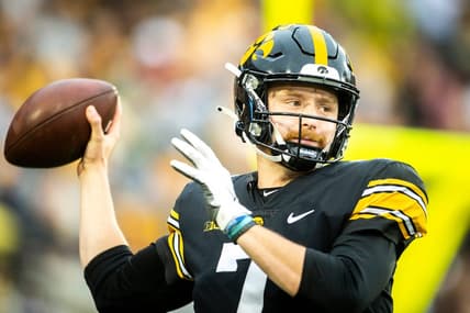 Iowa quarterback Spencer Petras (7) warms up during a NCAA football game against Iowa State, Saturday, Sept. 10, 2022, at Kinnick Stadium in Iowa City, Iowa.

220910 Isu Iowa Fb 063 Jpg