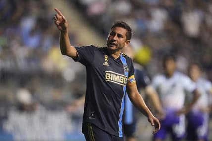 Sep 10, 2022; Chester, Pennsylvania, USA; Philadelphia Union midfielder Alejandro Bedoya (11) reacts against Orlando City in the second half at Subaru Park. Mandatory Credit: Mitchell Leff-USA TODAY Sports