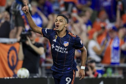 Sep 10, 2022; Cincinnati, Ohio, USA; FC Cincinnati forward Brenner (9) celebrates scoring a goal against the San Jose Earthquakes in the second half at TQL Stadium. The goal was reversed due to Brenner being offsides. Mandatory Credit: Aaron Doster-USA TODAY Sports