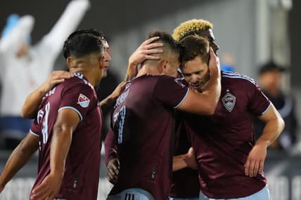 Sep 10, 2022; Commerce City, Colorado, USA; Colorado Rapids forward Jonathan Lewis (7) (center) is congratulated for his penalty kick goal in the first half against the Vancouver Whitecaps FC at Dick's Sporting Goods Park. Mandatory Credit: Ron Chenoy-USA TODAY Sports