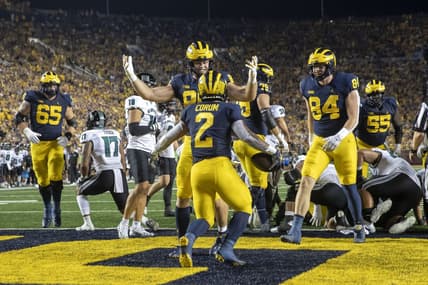 Sep 10, 2022; Ann Arbor, Michigan, USA; Michigan Wolverines running back Blake Corum (2) dives in for a first quarter touch down against the Hawaii Warriors at Michigan Stadium. Mandatory Credit: David Reginek-USA TODAY Sports