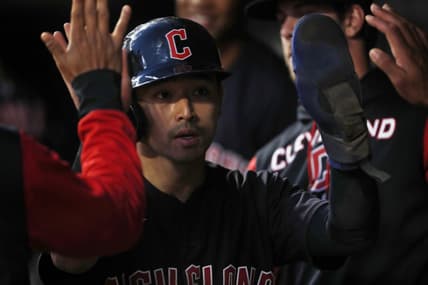 Sep 10, 2022; Minneapolis, Minnesota, USA; Cleveland Guardians left fielder Steven Kwan (38) celebrates his run against the Minnesota Twins in the fourth inning at Target Field. Mandatory Credit: Bruce Kluckhohn-USA TODAY Sports