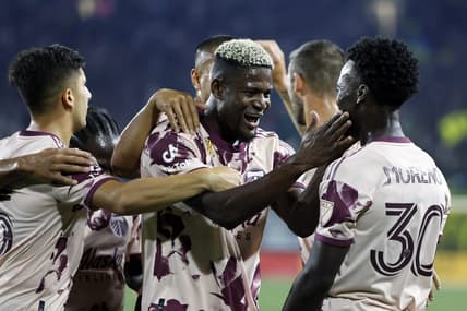 Sep 10, 2022; Portland, Oregon, USA; Portland Timbers forward Dairon Asprilla (27) celebrates with teammates after scoring a goal during the second half against the Minnesota United at Providence Park. Mandatory Credit: Soobum Im-USA TODAY Sports