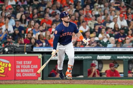 Sep 11, 2022; Houston, Texas, USA;  Houston Astros third baseman Alex Bregman (2) watches his ball go out after a grand slam in the third inning at Minute Maid Park. Mandatory Credit: Daniel Dunn-USA TODAY Sports