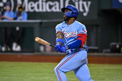 Sep 11, 2022; Arlington, Texas, USA; Texas Rangers right fielder Adolis Garcia (53) bats against the Toronto Blue Jays during the eighth inning at Globe Life Field. Mandatory Credit: Jerome Miron-USA TODAY Sports