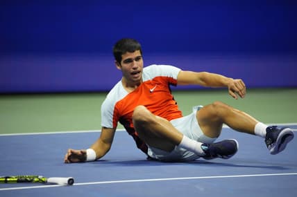 Sep 11, 2022; Flushing, NY, USA; Carlos Alcaraz (ESP) celebrates after match point against Casper Ruud (NOR) (not pictured) in the men's singles final on day fourteen of the 2022 U.S. Open tennis tournament at USTA Billie Jean King Tennis Center. Mandatory Credit: Robert Deutsch-USA TODAY Sports