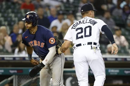 Sep 12, 2022; Detroit, Michigan, USA;  Detroit Tigers first baseman Spencer Torkelson (20) tags Houston Astros shortstop Jeremy Pena (3) out in the fifth inning at Comerica Park. Mandatory Credit: Rick Osentoski-USA TODAY Sports