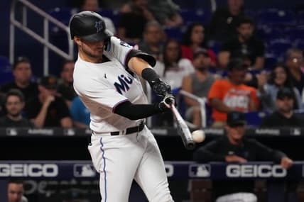 Sep 12, 2022; Miami, Florida, USA; Miami Marlins second baseman Charles Leblanc (83) doubles in a run in the fifth inning against the Texas Rangers at loanDepot park. Mandatory Credit: Jasen Vinlove-USA TODAY Sports
