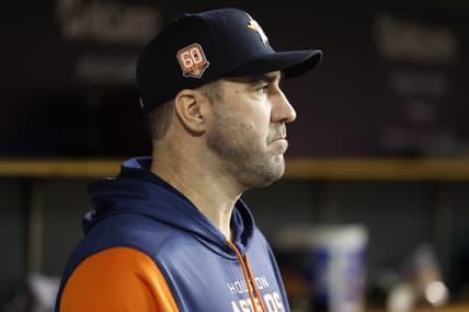 Sep 12, 2022; Detroit, Michigan, USA;  Houston Astros starting pitcher Justin Verlander in the dugout during the seventh inning against the Detroit Tigers at Comerica Park. Mandatory Credit: Rick Osentoski-USA TODAY Sports
