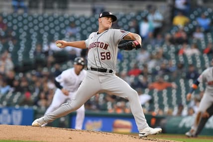 Sep 13, 2022; Detroit, Michigan, USA; Houston Astros starting pitcher Hunter Brown (58) delivers a pitch against the Detroit Tigers in the second inning at Comerica Park. Mandatory Credit: Lon Horwedel-USA TODAY Sports