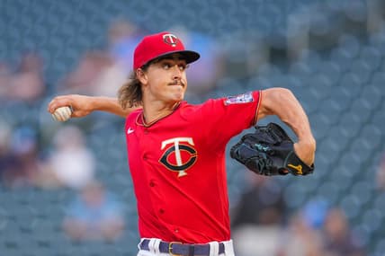 Sep 13, 2022; Minneapolis, Minnesota, USA; Minnesota Twins starting pitcher Joe Ryan (41) pitches against the Kansas City Royals in the first inning at Target Field. Mandatory Credit: Brad Rempel-USA TODAY Sports