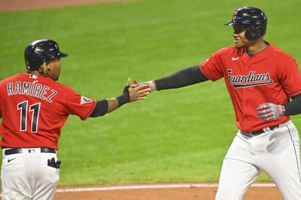 Sep 13, 2022; Cleveland, Ohio, USA; Cleveland Guardians right fielder Oscar Gonzalez (39) celebrates his two-run home run with third baseman Jose Ramirez (11) in the sixth inning against the Los Angeles Angels at Progressive Field. Mandatory Credit: David Richard-USA TODAY Sports