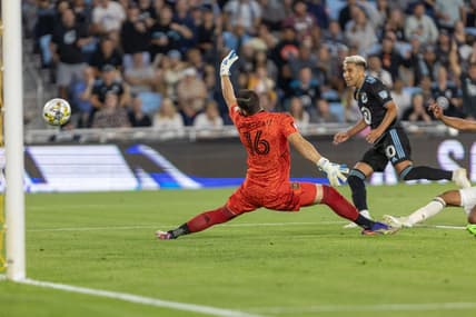 Sep 13, 2022; Saint Paul, Minnesota, USA; Los Angeles FC goalkeeper Maxime Crepeau (16) makes a save against Minnesota United midfielder Emanuel Reynoso (10) in the first half at Allianz Field. Mandatory Credit: Matt Blewett-USA TODAY Sports