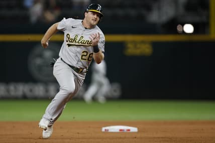Sep 13, 2022; Arlington, Texas, USA; Oakland Athletics third baseman Sheldon Neuse (26) runs to third base in the fourth inning against the Texas Rangers at Globe Life Field. Mandatory Credit: Tim Heitman-USA TODAY Sports