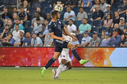 Sep 13, 2022; Kansas City, Kansas, USA; Sporting Kansas City defender Robert Voloder (4) heads the ball during the first half against D.C. United at Children's Mercy Park. Mandatory Credit: Peter Aiken-USA TODAY Sports