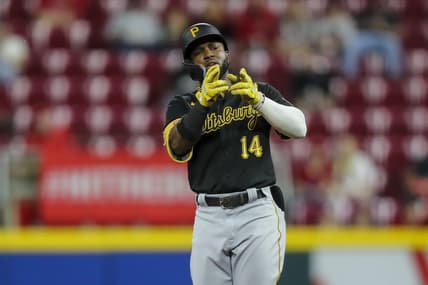 Sep 13, 2022; Cincinnati, Ohio, USA; Pittsburgh Pirates third baseman Rodolfo Castro (14) reacts after hitting a double against the Cincinnati Reds in the seventh inning at Great American Ball Park. Mandatory Credit: Katie Stratman-USA TODAY Sports