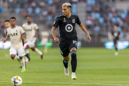 Sep 13, 2022; Saint Paul, Minnesota, USA; Minnesota United midfielder Emanuel Reynoso (10) follows the ball in the first half against Los Angeles FC at Allianz Field. Mandatory Credit: Matt Blewett-USA TODAY Sports