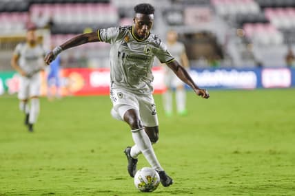 Sep 13, 2022; Fort Lauderdale, Florida, USA; Columbus Crew midfielder Derrick Etienne (22) controls the ball during the second half against Inter Miami CF at DRV PNK Stadium. Mandatory Credit: Sam Navarro-USA TODAY Sports