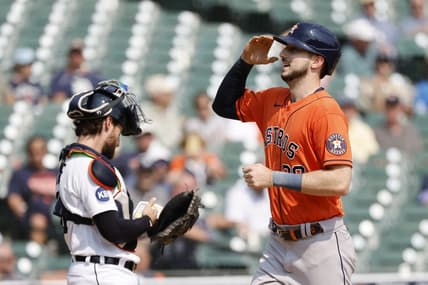 Sep 14, 2022; Detroit, Michigan, USA;  Houston Astros right fielder Kyle Tucker (30) celebrates after hitting a home run in the fourth inning against the Detroit Tigers at Comerica Park. Mandatory Credit: Rick Osentoski-USA TODAY Sports