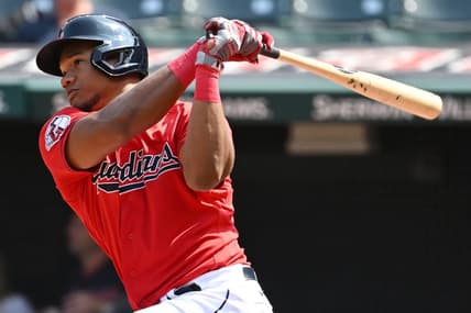 Sep 14, 2022; Cleveland, Ohio, USA; Cleveland Guardians right fielder Oscar Gonzalez (39) hits a home run during the second inning against the Los Angeles Angels at Progressive Field. Mandatory Credit: Ken Blaze-USA TODAY Sports