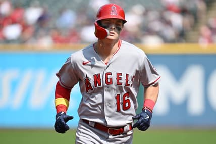 Sep 14, 2022; Cleveland, Ohio, USA; Los Angeles Angels left fielder Mickey Moniak (16) rounds the bases after hitting a home run during the third inning Cleveland Guardians at Progressive Field. Mandatory Credit: Ken Blaze-USA TODAY Sports