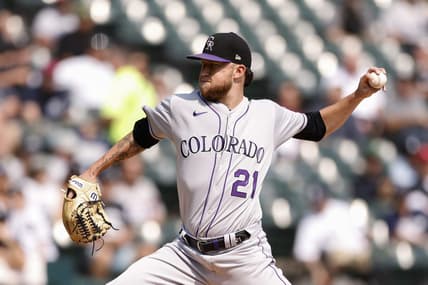 Sep 14, 2022; Chicago, Illinois, USA; Colorado Rockies starting pitcher Kyle Freeland (21) delivers against the Chicago White Sox during the first inning at Guaranteed Rate Field. Mandatory Credit: Kamil Krzaczynski-USA TODAY Sports