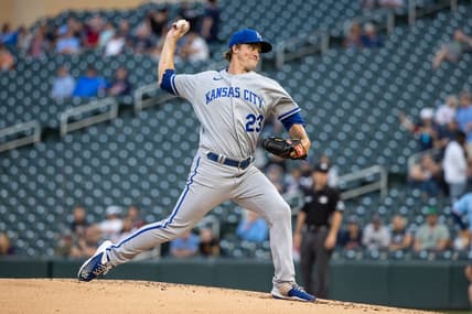 Sep 14, 2022; Minneapolis, Minnesota, USA; Kansas City Royals starting pitcher Zack Greinke (23) delivers a pitch during the first inning against the Minnesota Twins at Target Field. Mandatory Credit: Jordan Johnson-USA TODAY Sports