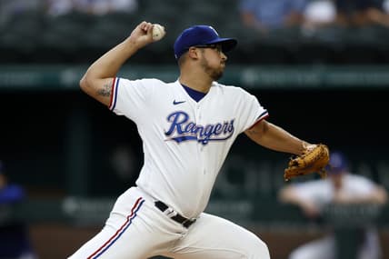 Sep 14, 2022; Arlington, Texas, USA; Texas Rangers starting pitcher Dane Dunning (33) throws a pitch against the Oakland Athletics in the first inning at Globe Life Field. Mandatory Credit: Tim Heitman-USA TODAY Sports