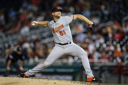 Sep 14, 2022; Washington, District of Columbia, USA; Baltimore Orioles starting pitcher Austin Voth (51) pitches against the Washington Nationals during the sixth inning at Nationals Park. Mandatory Credit: Scott Taetsch-USA TODAY Sports