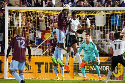 Sep 14, 2022; Commerce City, Colorado, USA; Colorado Rapids forward Gyasi Zardes (29) heads the ball at San Jose Earthquakes midfielder Rodrigues (26) and goalkeeper JT Marcinkowski (1) in the first half at Dick's Sporting Goods Park. Mandatory Credit: Ron Chenoy-USA TODAY Sports
