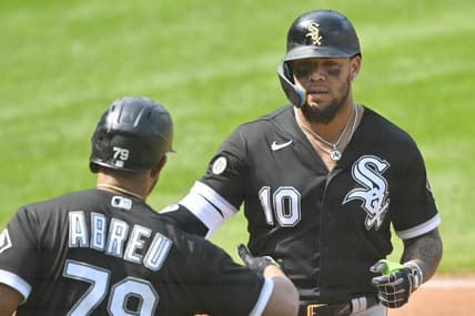 Sep 15, 2022; Cleveland, Ohio, USA; Chicago White Sox third baseman Yoan Moncada (10) celebrates his solo home run with first baseman Jose Abreu (79) in the third inning against the Cleveland Guardians at Progressive Field. Mandatory Credit: David Richard-USA TODAY Sports