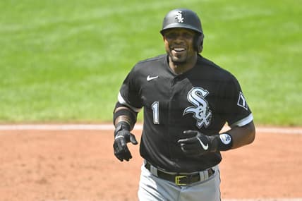 Sep 15, 2022; Cleveland, Ohio, USA; Chicago White Sox shortstop Elvis Andrus (1) celebrates his solo home run in the fifth inning against the Cleveland Guardians at Progressive Field. Mandatory Credit: David Richard-USA TODAY Sports
