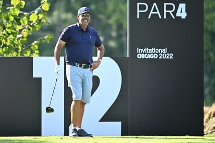 Sep 16, 2022; Chicago, Illinois, USA; Phil Mickelson waits to tee off from the 12th tee box during the first round of a LIV Golf tournament at Rich Harvest Farms. Mandatory Credit: Jamie Sabau-USA TODAY Sports