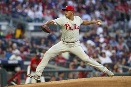 Sep 16, 2022; Atlanta, Georgia, USA; Philadelphia Phillies starting pitcher Ranger Suarez (55) throws against the Atlanta Braves in the first inning at Truist Park. Mandatory Credit: Brett Davis-USA TODAY Sports